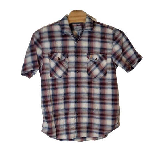 Carhartt Relaxed Fit Button Up Shirt Plaid 2 Pocket Size XL‎ Men's Burgandy Blue - Picture 2 of 6